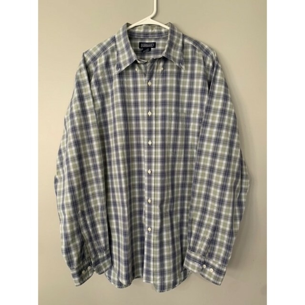 Land's End Shirt Button Down Men XL‎ green blue plaid Long Sleeve Oxford